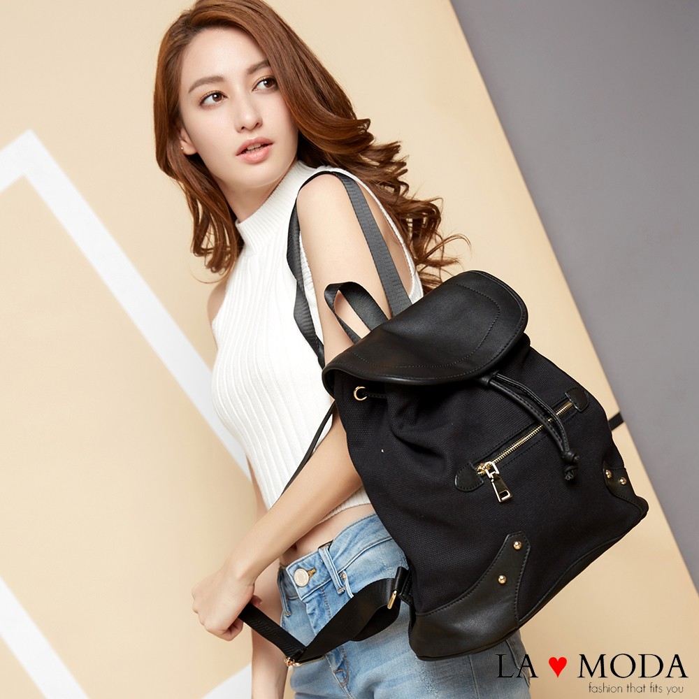 La Moda 百搭經典復古拼接帆布大容量後背包(共2色)