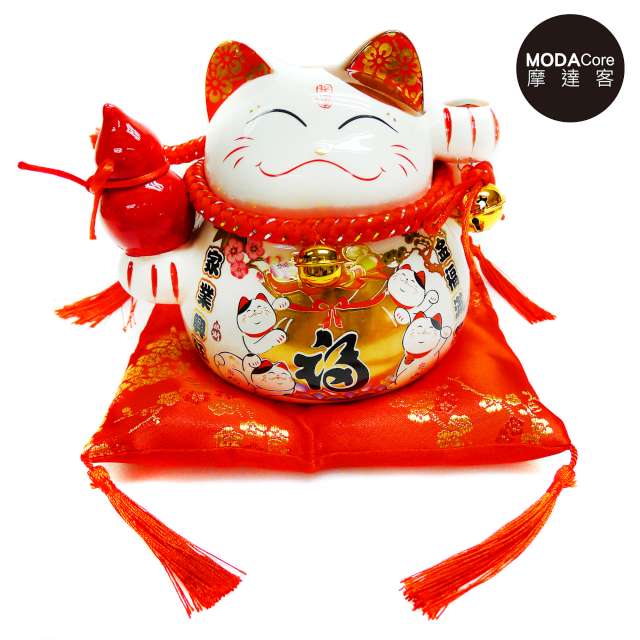 摩達客-農曆新年春節 中型招財貓撲滿(金福款) 存錢桶擺飾桌飾(含坐墊)