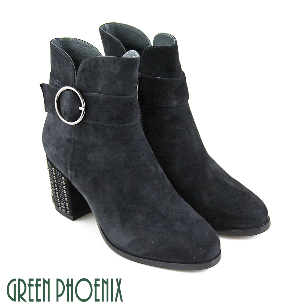 【GREEN PHOENIX】繞踝圓型金屬釦V型剪裁牛麂皮粗高跟短靴