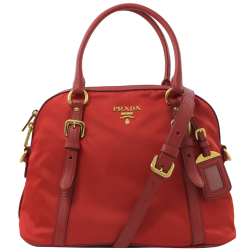 PRADA 浮雕LOGO尼龍帆布肩斜兩用保齡球包.紅