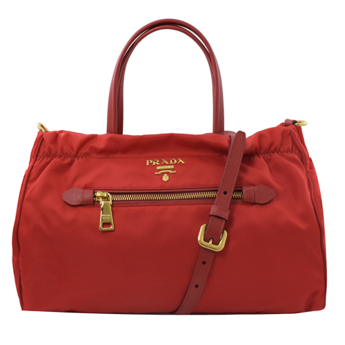PRADA 浮雕 LOGO尼龍帆布手提兩用包.紅