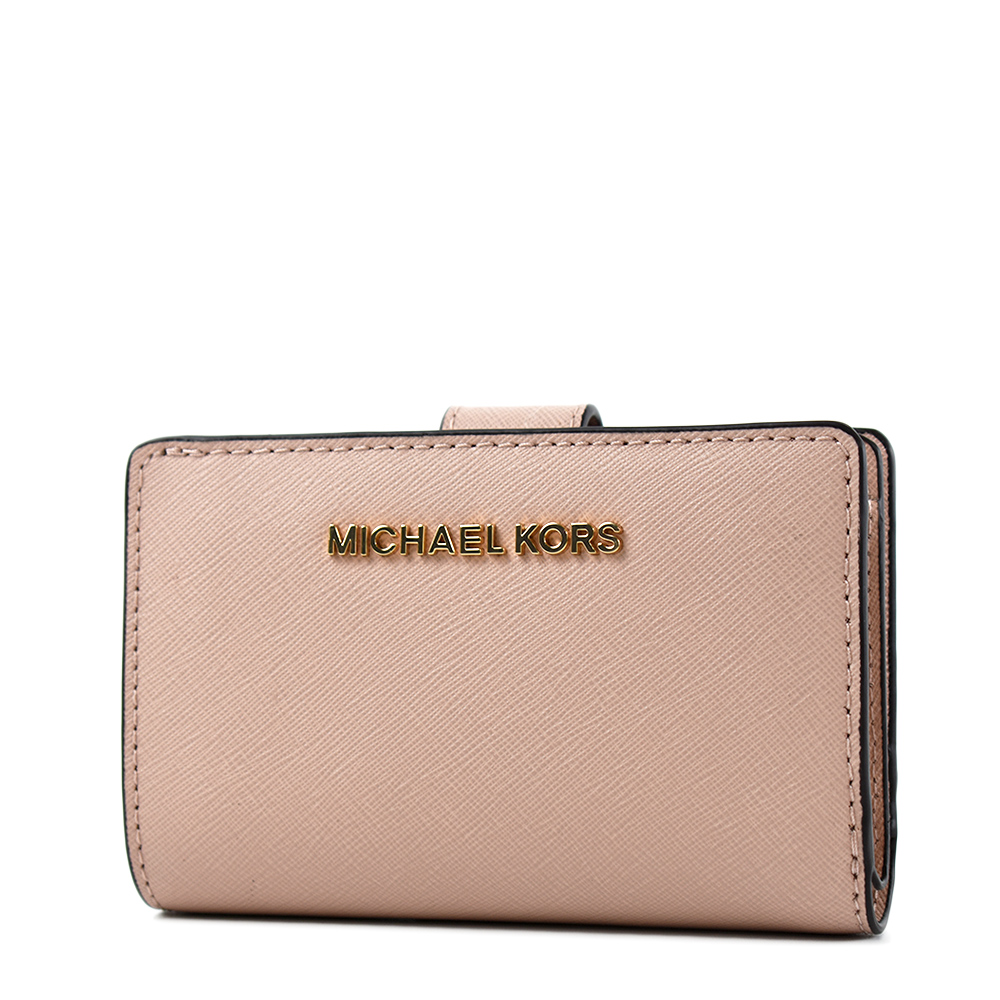 MICHAEL KORS 金字LOGO素面防刮皮革釦式中夾-櫻花粉