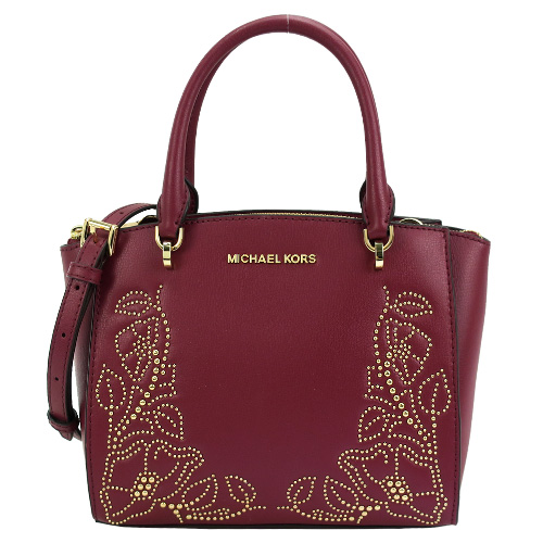 MICHAEL KORS 花邊鉚釘牛皮手提斜背包-小/桑葚紅