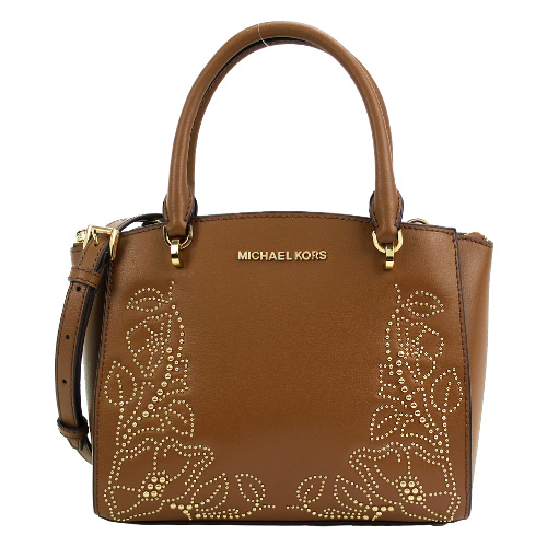 MICHAEL KORS 花邊鉚釘牛皮手提斜背包-小/棕