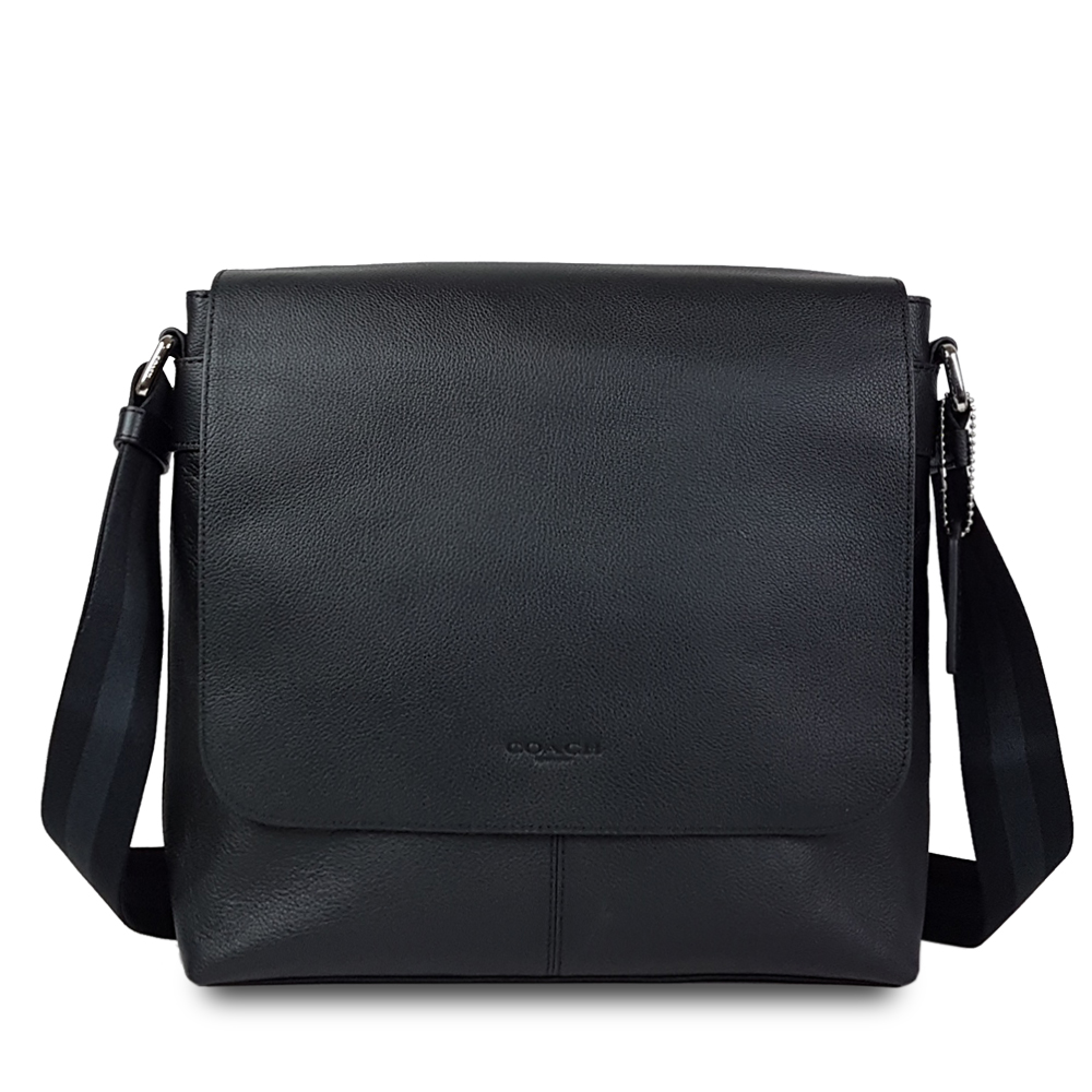 COACH 男款 素面LOGO磁吸上掀式斜背包-黑色