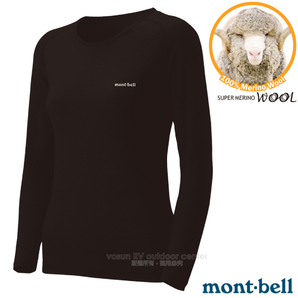 【MONT-BELL 日本】女新款 SUPER MERINO WOOL M.W R.N 美麗諾羊毛中厚保暖內衣.排汗衣.內層衣/排汗舒適_1107574BK 黑