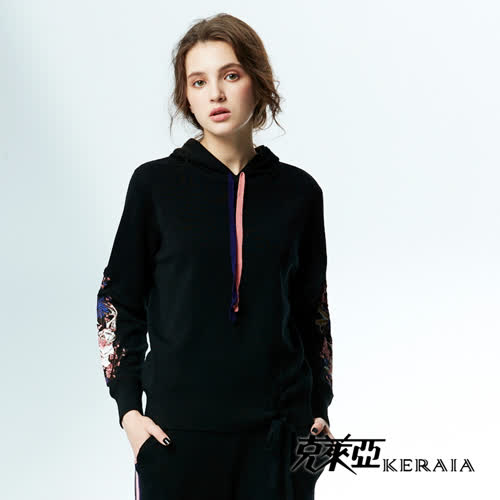 【KERAIA 克萊亞】珍珠刺繡連帽雙色抽繩上衣