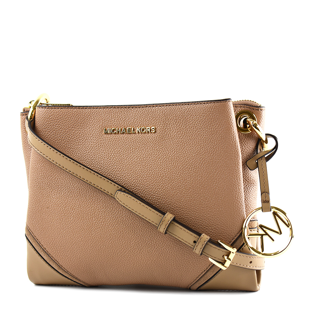 MICHAEL KORS NICOLE 荔枝紋三層置物空間斜背包-卡其色