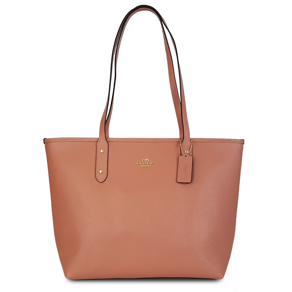 COACH 經典LOGO素面拉鍊托特包-粉杏色