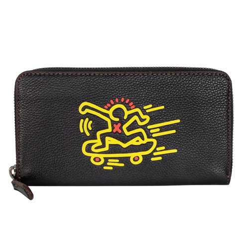 COACH Keith Haring滑板人形黑色全皮拉鍊長夾