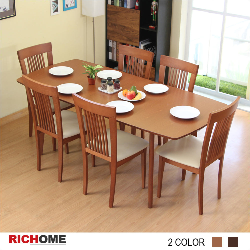 【RICHOME】安娜可延伸實木餐桌椅組(一桌六椅)-2色