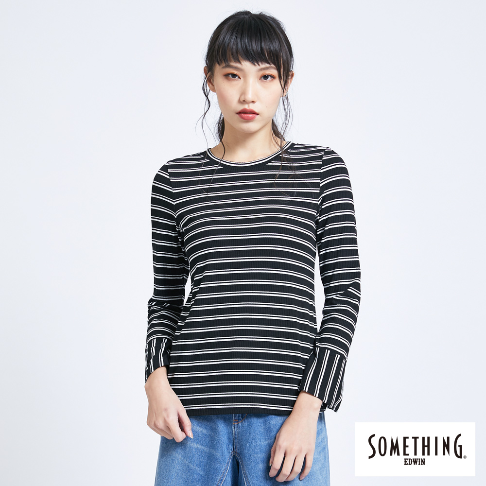 SOMETHING 條紋喇叭袖圓領長袖T恤-女-黑色