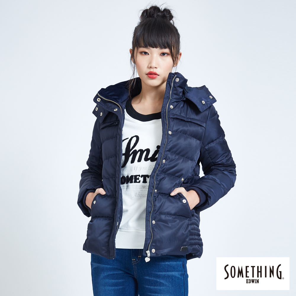 SOMETHING 造型短版羽絨外套(帽可拆)-女-藍色