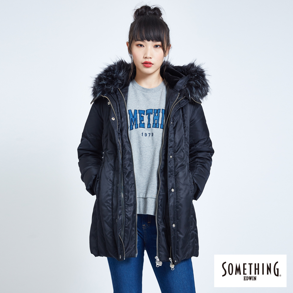 SOMETHING 長版直條羽絨外套(帽可拆)-女-黑色