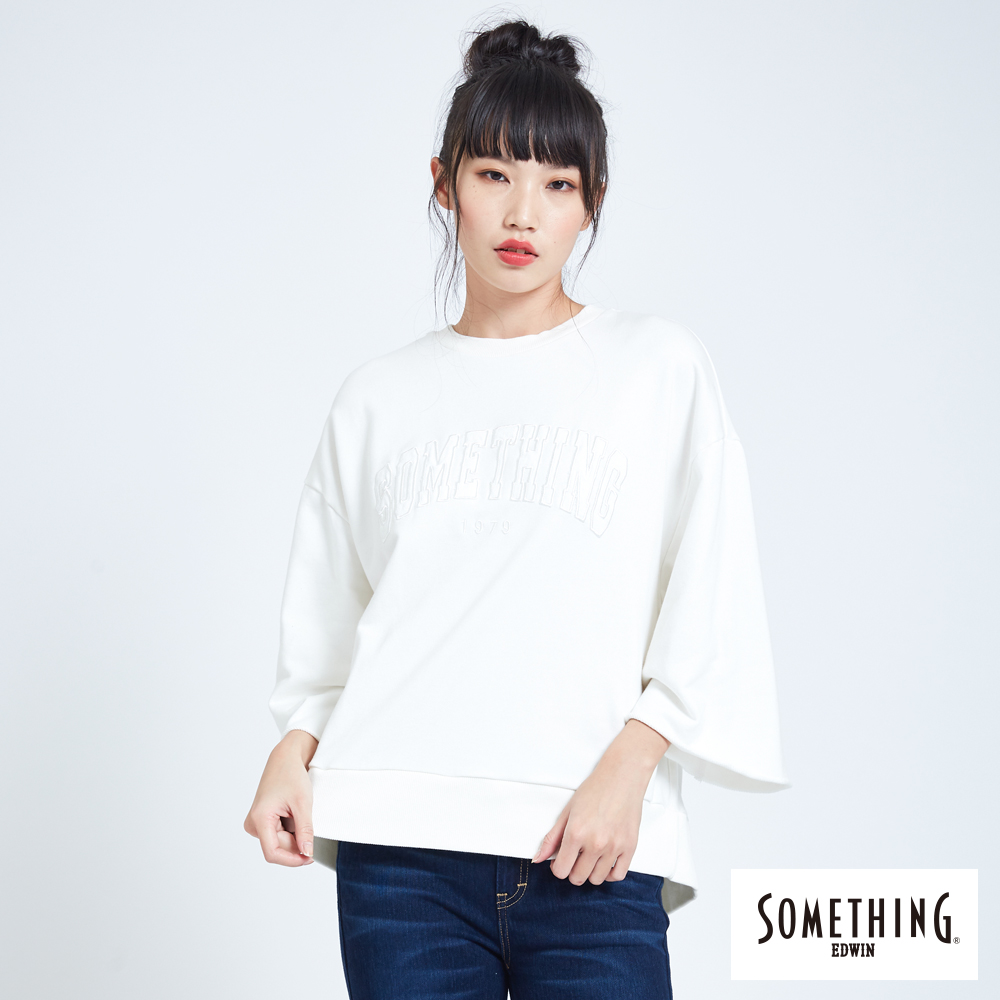 SOMETHING 綁結LOGO七分袖寬T恤-女-白色