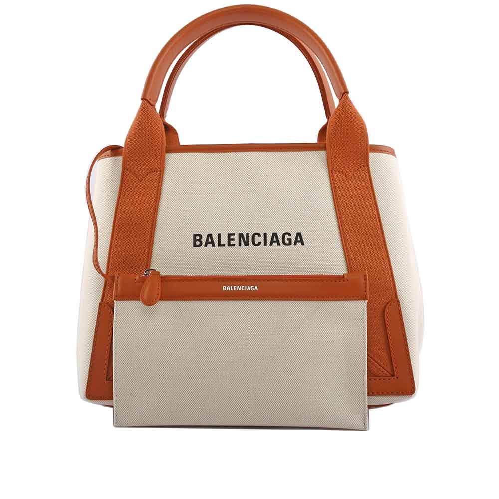 【BALENCIAGA】NAVY CABAS 帆布手提包/子母包 S (米白/焦糖) 339933 AQ38N 2381