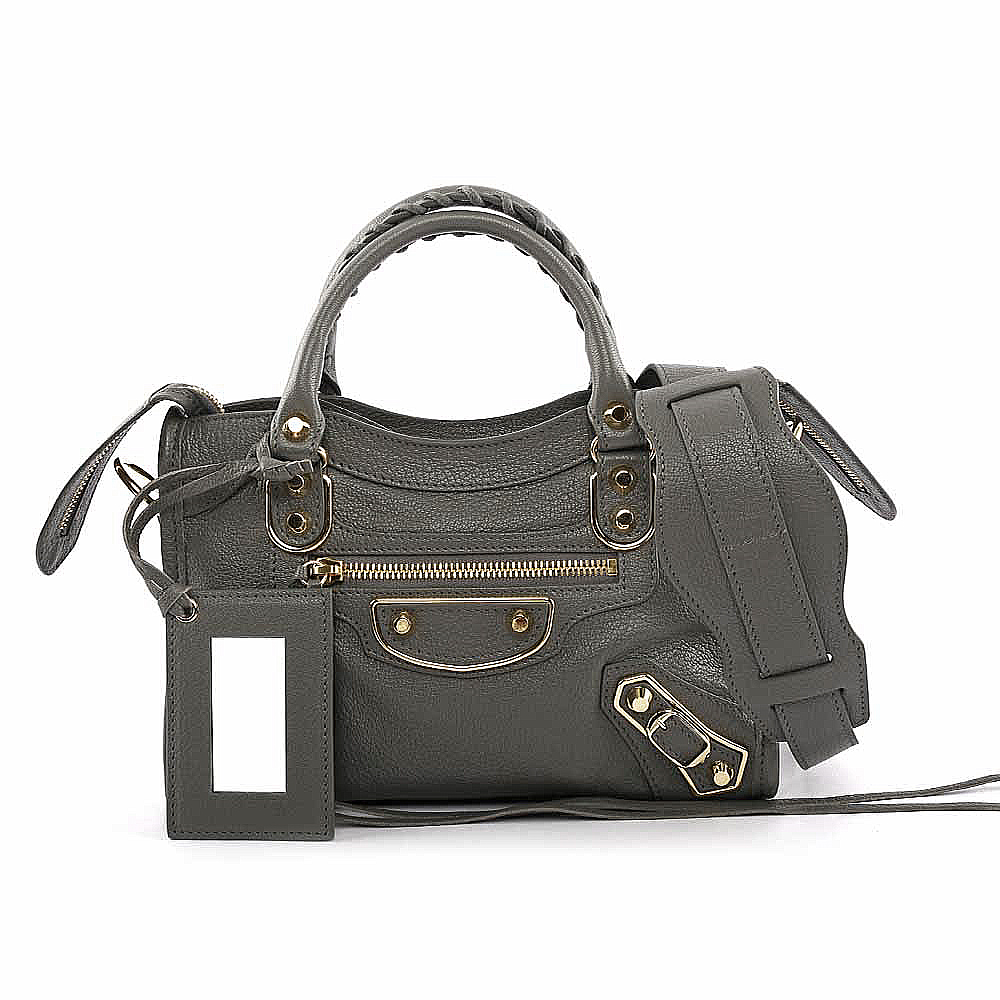 【BALENCIAGA】金釦邊框山羊皮mini city斜背機車(深灰) 390160 AQ41G 1360