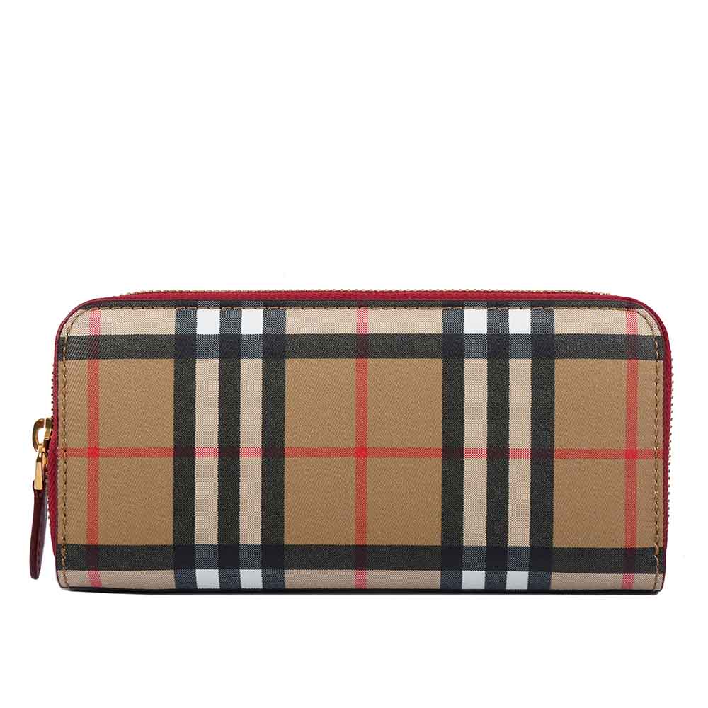 【BURBERRY】Vintage窄版格紋ㄇ型拉鍊長夾(紅) 8005389 A3358