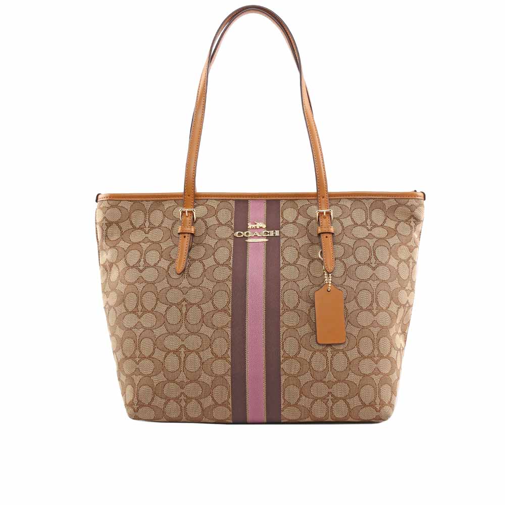 【COACH】緹花布LOGO直條紋織紋托特包(卡其/駝色) F39043 IME7V