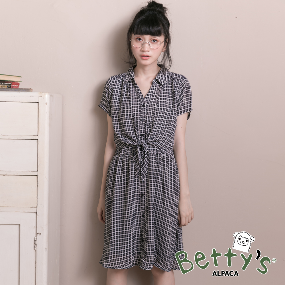 betty’s貝蒂思 美式格紋腰間綁結雪紡洋裝(黑色)