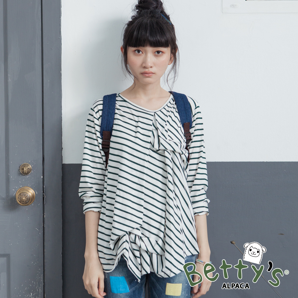 betty’s貝蒂思 百搭條紋造型抓皺T-shirt(深綠)