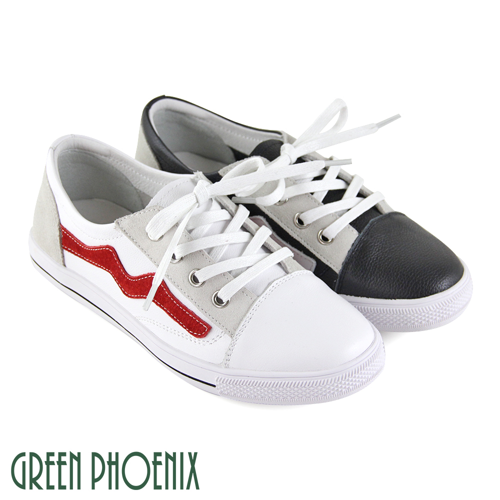 【GREEN PHOENIX】國際精品撞色線條綁帶日本小牛皮平底休閒鞋