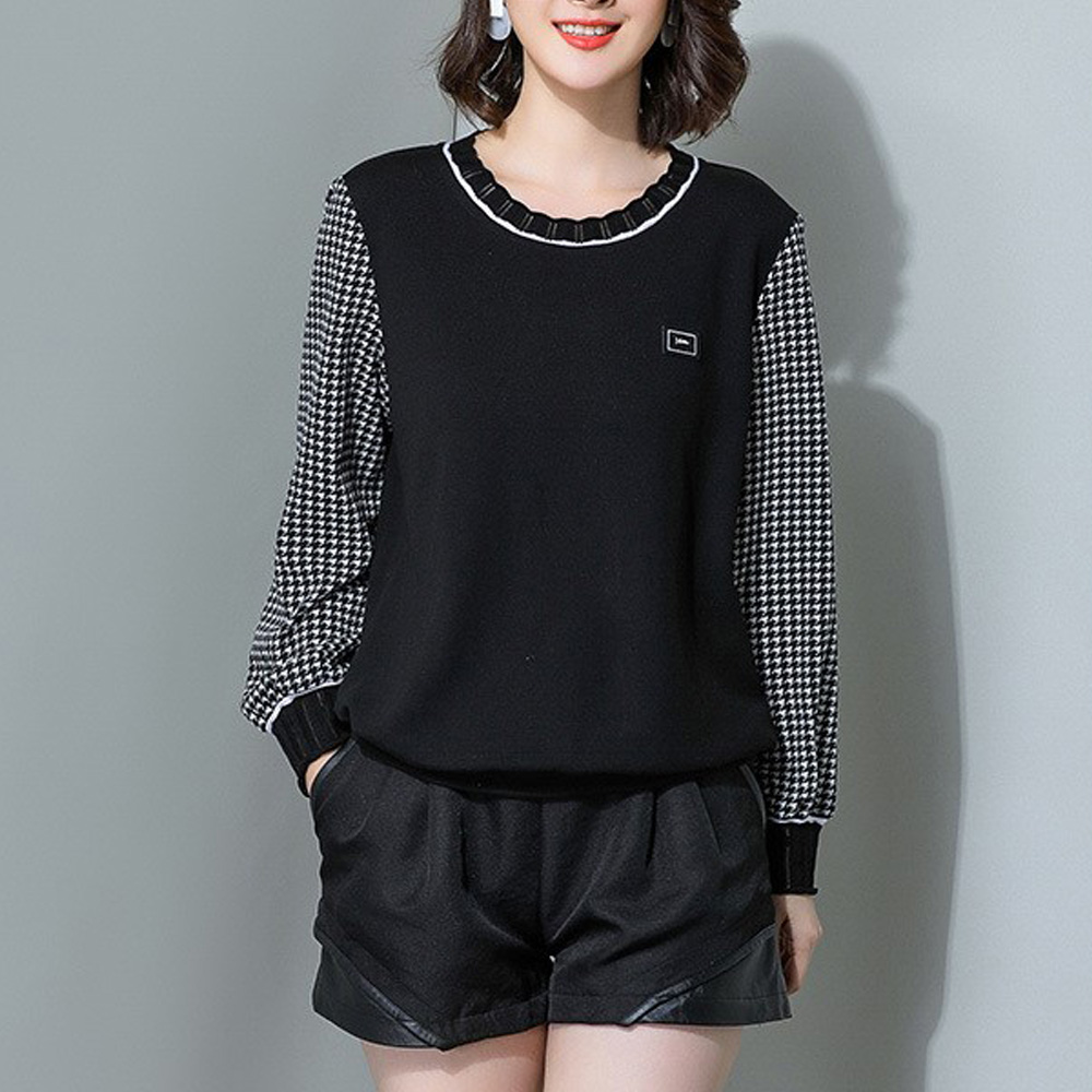 麗質達人(XL-5XL)黑色格紋拼接假二件上衣19103