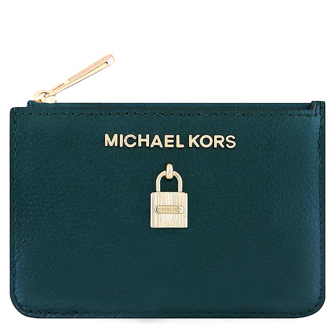 MICHAEL KORS Adele 光澤牛皮鎖頭鑰匙零錢包-湖水綠色