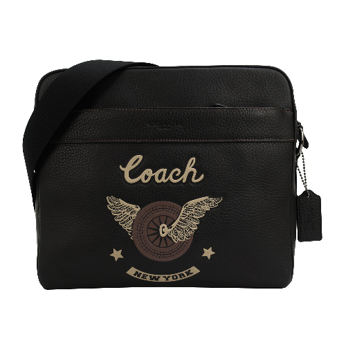 COACH NEW YORK刺繡皮革方形拉鍊斜背包(黑)