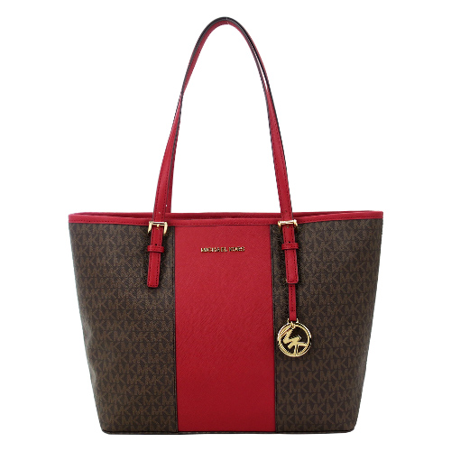 Michael Kors 雙色直紋滿版托特包-中/紅咖