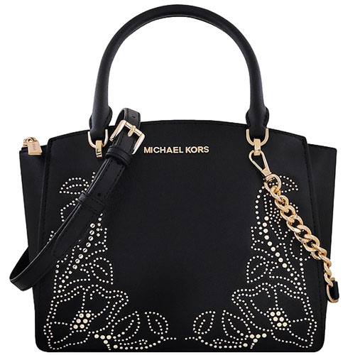 MICHAEL KORS Ellis 花朵鉚釘牛皮鍊帶手提/斜背兩用包-黑色