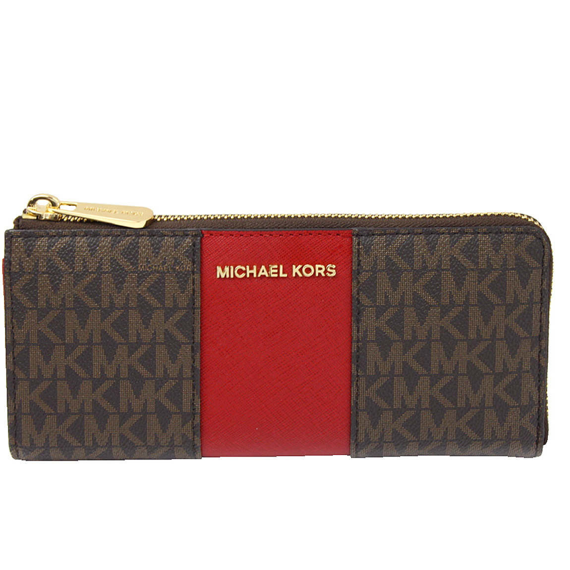 【Michael Kors】金字Logo 滿版字母拼接防刮皮革L型拉鍊長夾(深咖/深紅)