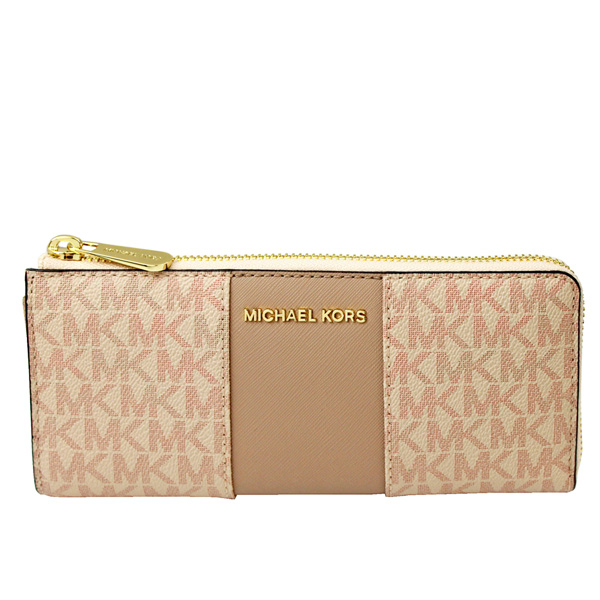 【Michael Kors】金字Logo 滿版字母拼接防刮皮革L型拉鍊長夾(淺粉/藕粉)