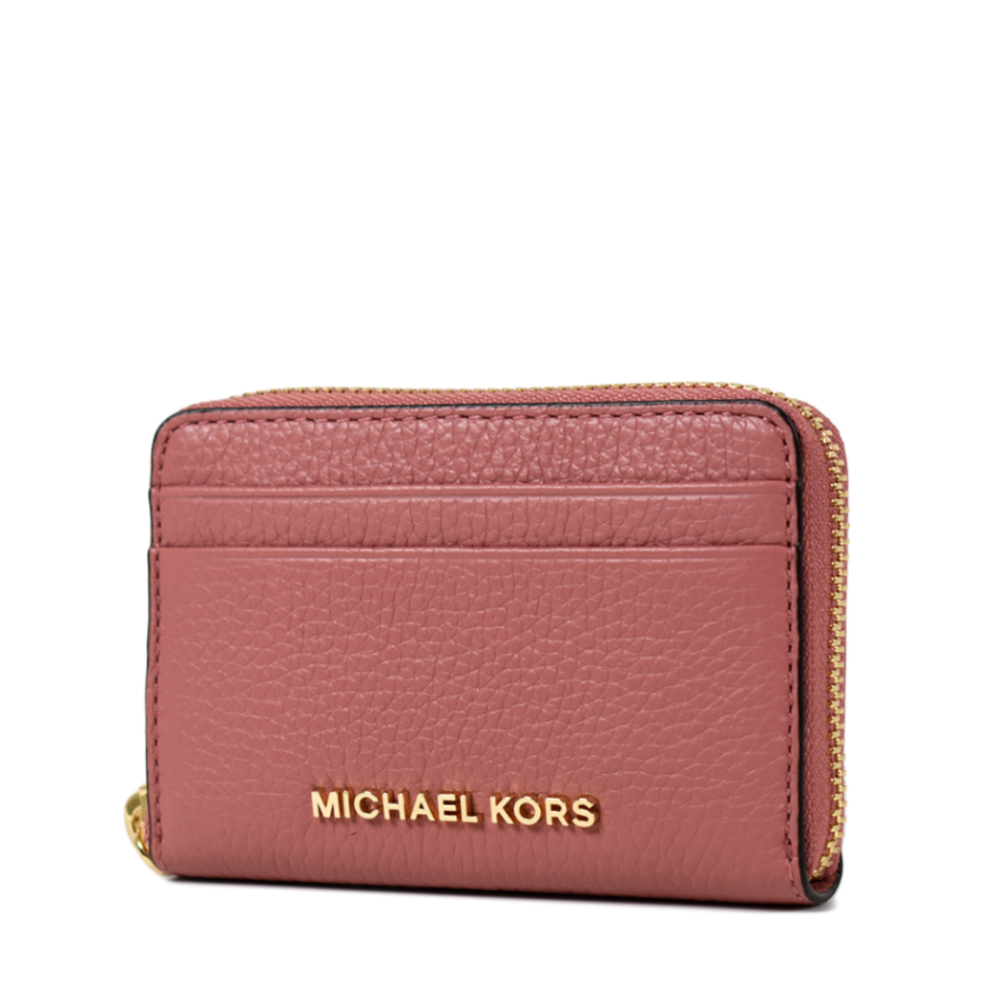MICHAEL KORS 金字荔枝紋雙層置物拉鍊零錢包-玫瑰粉