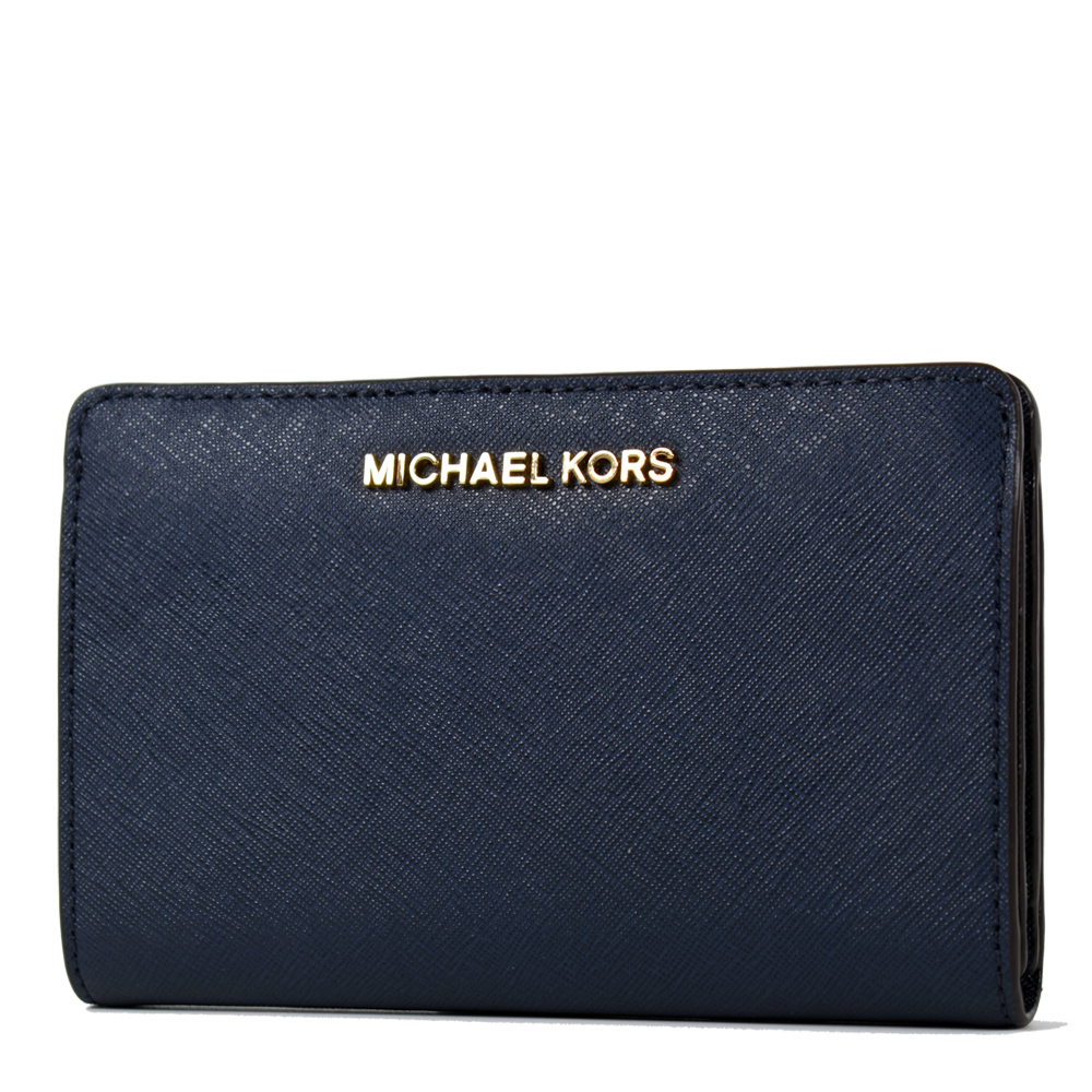 MICHAEL KORS 金字防刮皮革釦式對開中夾/手機包-海軍藍