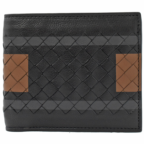 BOTTEGA VENETA 編織小羊皮拼接零錢短夾.黑棕