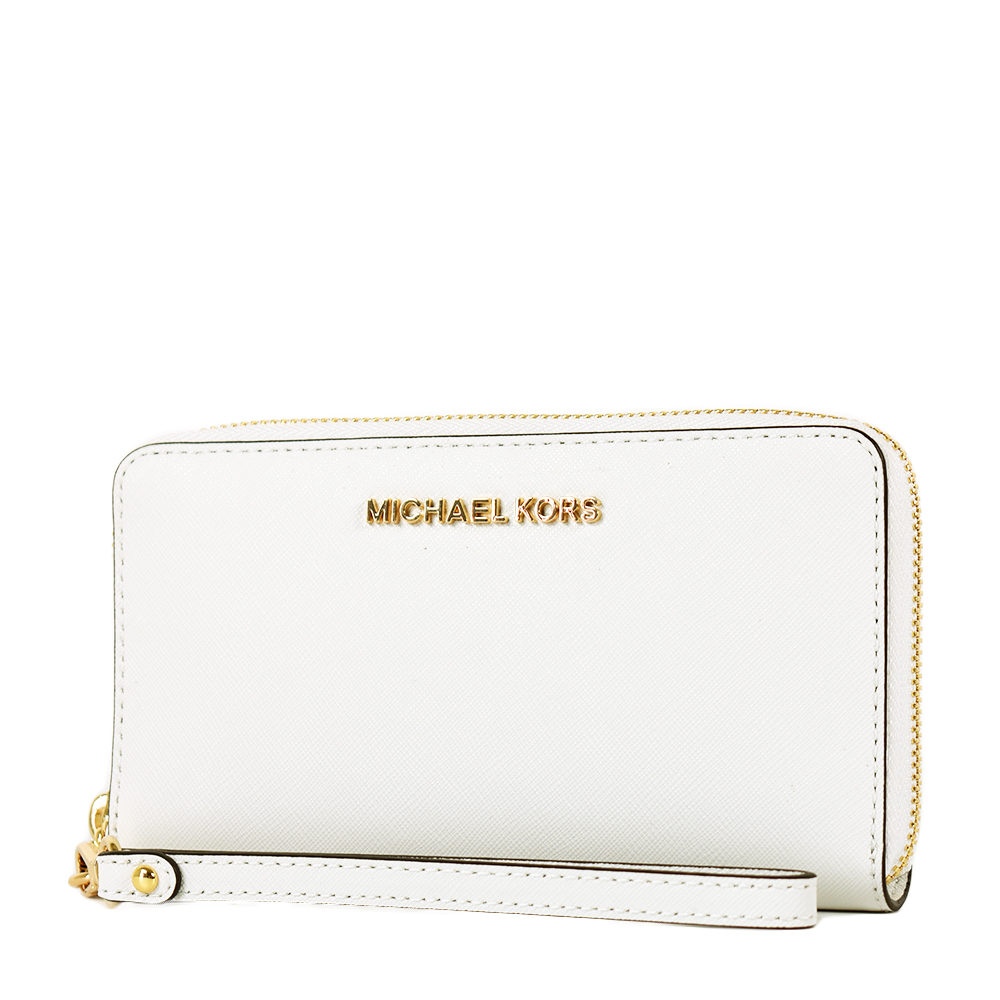 MICHAEL KORS JETSET 防刮皮革拉鍊手掛式中夾/手機包-純淨白