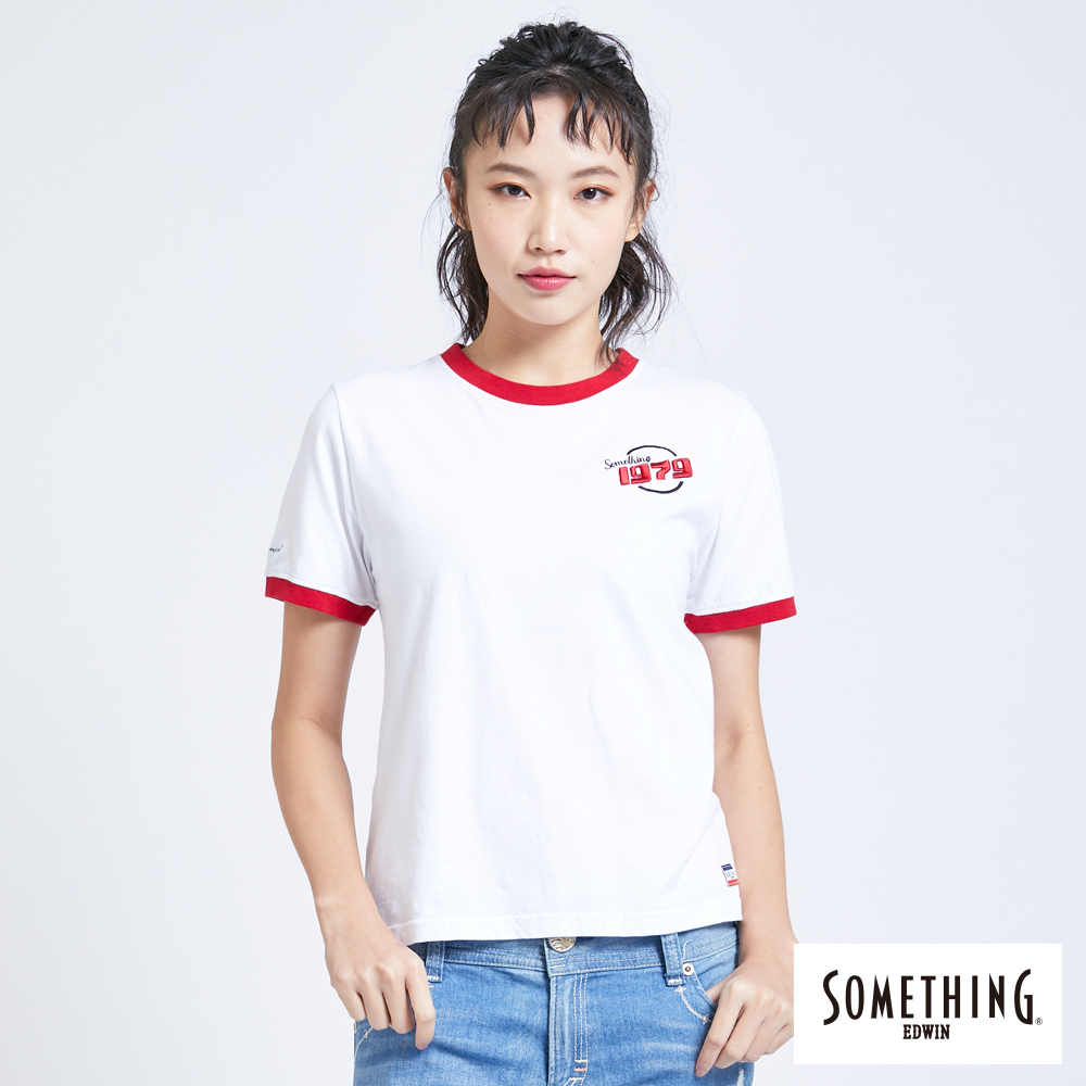 SOMETHING 懷舊滾邊圓領短袖T恤-女款-白色