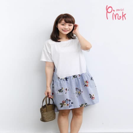  Pink*夏日風情拼接棉質洋裝