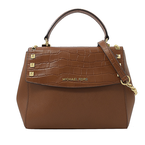 MICHAEL KORS KARLA 鉚釘仿鱷魚皮翻蓋金鍊兩用包.咖