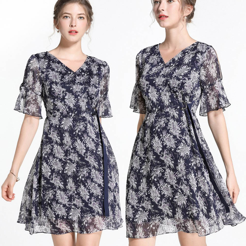 【麗質達人】79612藍色短袖印花洋裝(M-5XL)