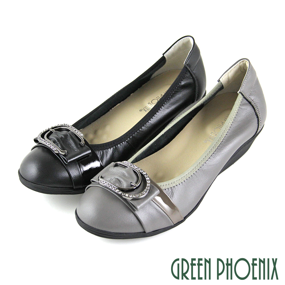 【GREEN PHOENIX】金屬裝飾釦水鑽束口全真皮小坡跟娃娃鞋