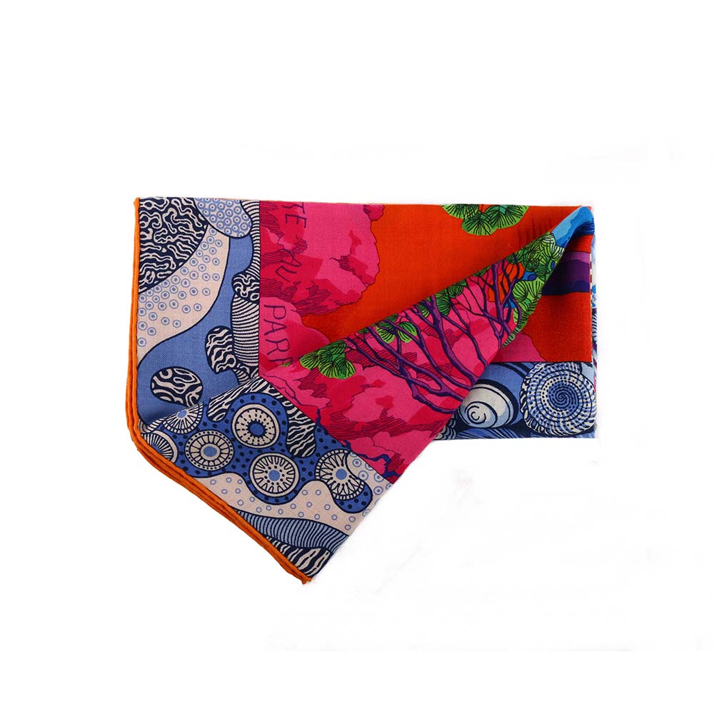 【HERMES】cashmere 粉/藍 山林圖騰方巾/披巾(140x140) HE75000125