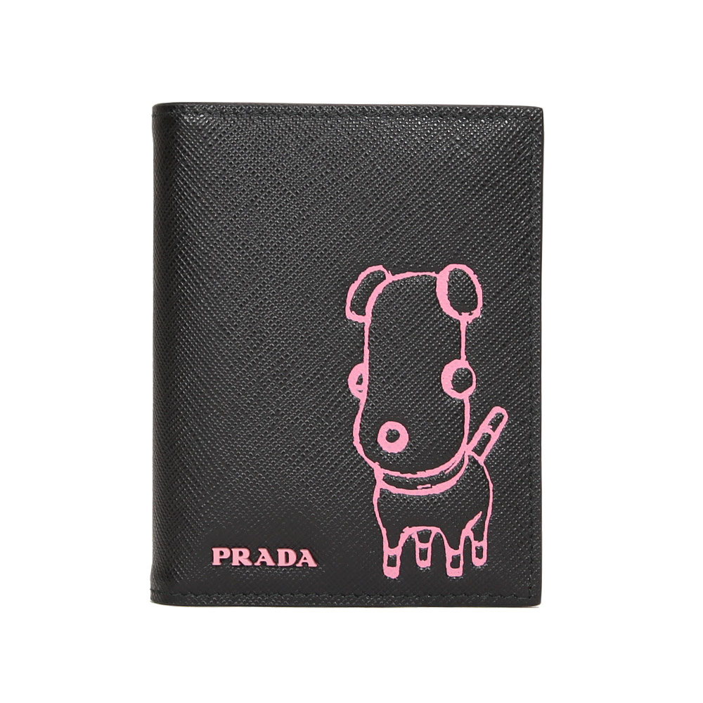 PRADA Pradamalia 防刮皮革萌寵圖案釦式輕便短夾(黑/粉紅)