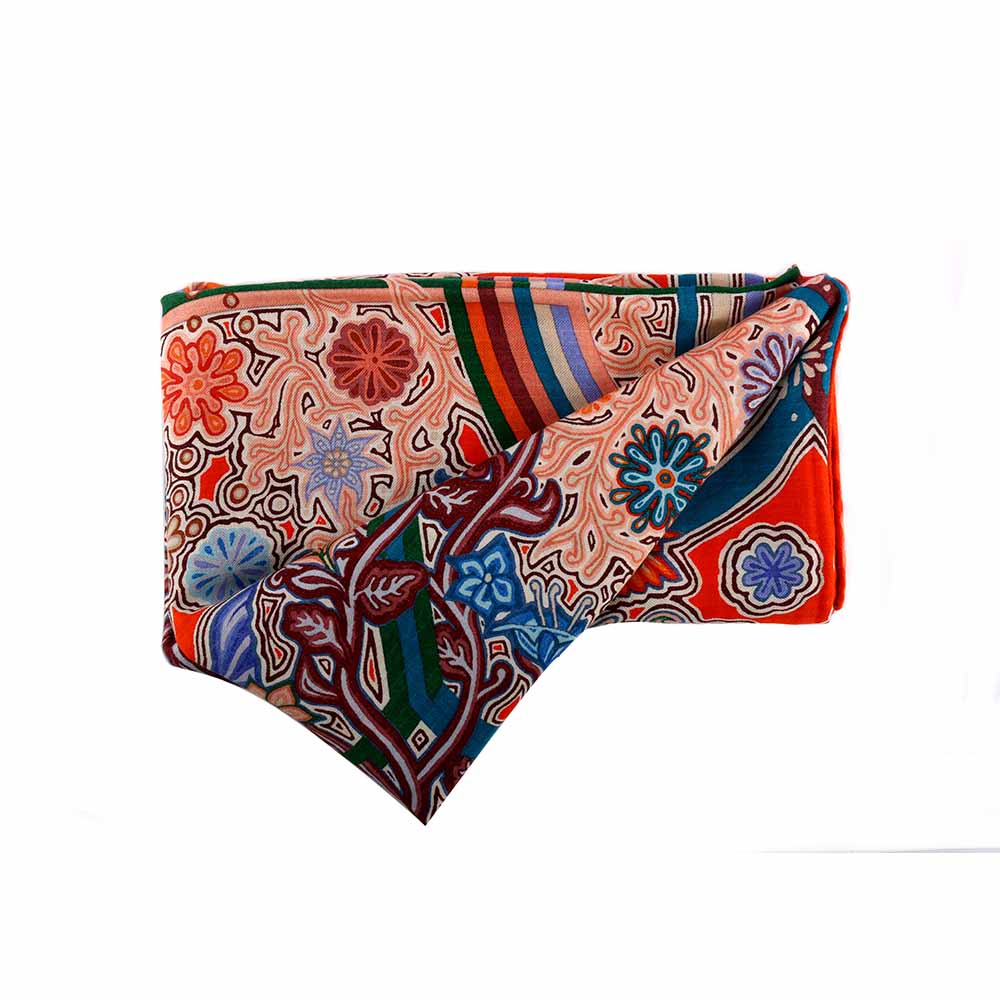 【HERMES】cashmere 橘/紫 花卉/馬/麋鹿圖騰方巾/披巾(140x140) HE75000130