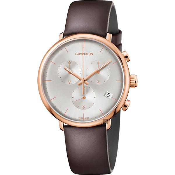 Calvin Klein CK High Noon 計時手錶-玫瑰金框x咖啡/43mm K8M276G6