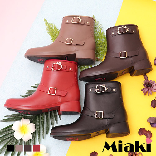 【Miaki】雨靴.Hello Kitty聯名款雙扣短靴 (卡其色 / 咖啡色 / 紅色 / 黑色)