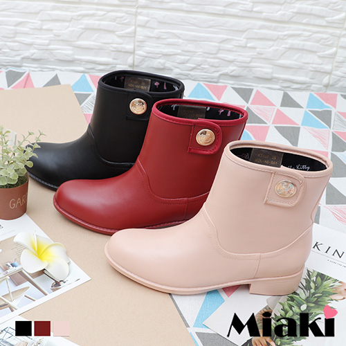 【Miaki】雨靴.Hello Kitty聯名款單扣短靴 (杏色 / 紅色 / 黑色)