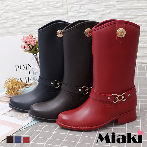 【Miaki】雨靴.Hello Kitty聯名款扣環中筒靴 (咖啡色 / 紅色 / 藍色)