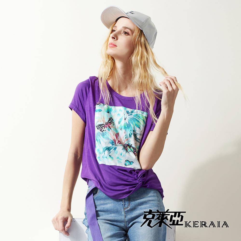 【KERAIA 克萊亞】100%棉叢林蝴蝶捲邊上衣-深紫色